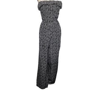Love Fire Jumpsuit Womens Small Black White Tribal Print Strapless Wide Leg Boho